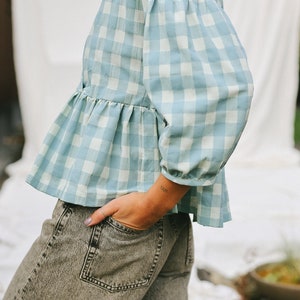 Gingham V-neck puffy sleeve blouse CLARA • OFFON CLOTHING