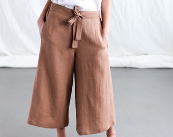 Ready to ship/Wide leg linen summer culottes AURE  • OFFON Clothing