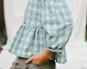 Gingham V-neck puffy sleeve blouse CLARA • OFFON CLOTHING