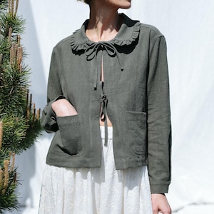 Heavy Linen Jacket with Peter Pan Ruffle Collar and Ties • OFFON CLOTHING