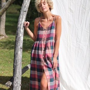 Adjustable straps checks linen dress ELOISE / OFFON Clothing image 1