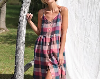 Adjustable straps checks linen dress ELOISE / OFFON Clothing