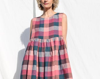Sleeveless Multicolored Linen Checks Smock dress • OFFON CLOTHING