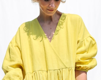 Linnen loose-fit jurk met V-hals en pofmouwen / OFFON CLOTHING