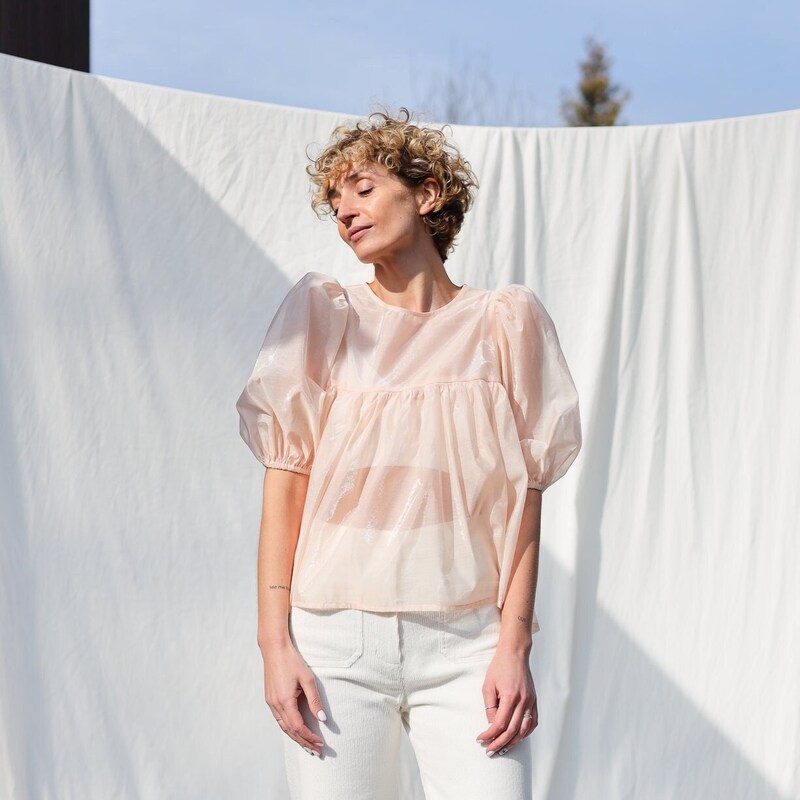 Organza Puff Sleeve Tie Blouse- Cream main image 1