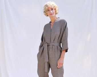 Gingham linen relaxed fit jumpsuit • OFFON CLOTHING