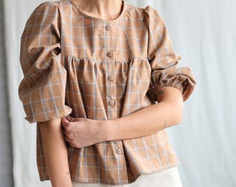 Puff sleeve blouse in plaid brushed cotton • OFFON CLOTHING