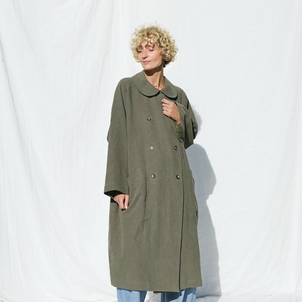 Manteau oversize en lin épais vert olive • OFFON CLOTHING