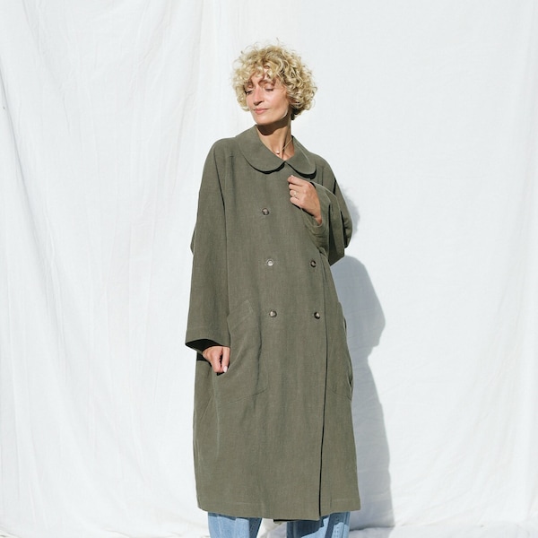 Zware linnen oversized jas in olijfgroene kleur • OFFON CLOTHING