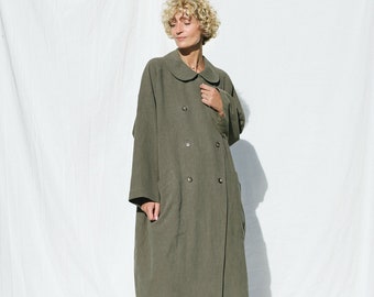 Heavy linen oversized coat in olive green color • OFFON CLOTHING