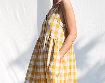 Sleeveless dress ELOISE in checkered double gauze cotton / OFFON Clothing