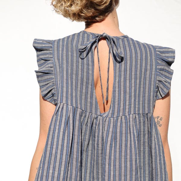 Flutter sleeves linen dress AMANDA in exclusive jacquard linen • OFFON CLOTHING
