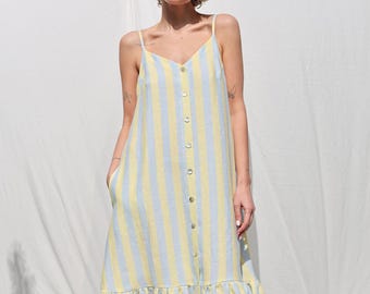 Sleeveless Striped Linen Dress with Ruffled Hem by OFFON Clothing