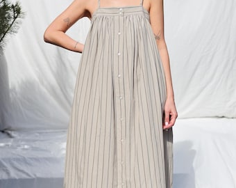 Thin Straps Maxi Dress EMILY in Organic Striped Cotton / OFFON Clothing