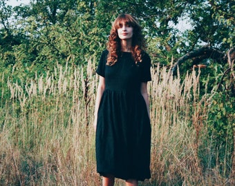 Black Linen Short Sleeve High Waist Dress / Handmade by OFFON Clothing