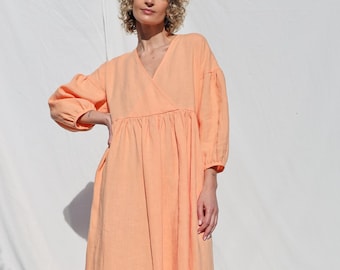 Linnen loose-fit jurk met V-hals en pofmouwen / OFFON CLOTHING