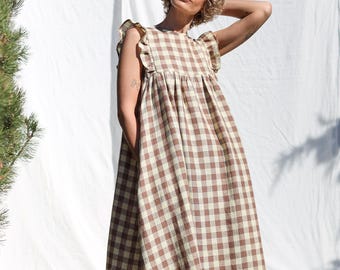 Flutter sleeves hand ruffled skirt linen dress AMANDA • OFFON CLOTHING