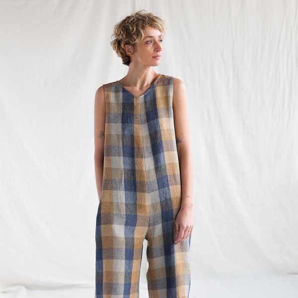 Sleeveless oversized multicolored checks linen jumpsuit MARTA • OFFON CLOTHING