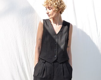 Classic black linen vest • OFFON CLOTHING