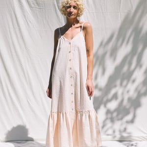 Sleeveless Ruffled Hem Maxi Dress in Seersucker Checks – Handmade by OFFON Clothing