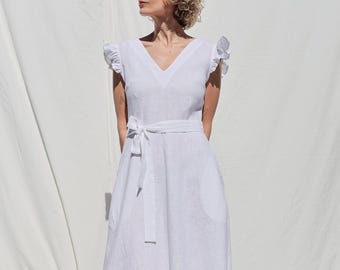 White Linen Midi Dress – Ruffled Sleeve Dress, V Neck Linen Dress with Waist Tie, Summer Minimalist Dress - OFFON CLOTHING