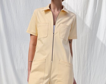 Pale yellow short sleeve jumpsuit with patch pockets MAJA • OFFON Clothing