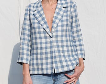 Light Blue Checks Linen Blazer with 3/4 Sleeves - Handmade by OFFON Clothing