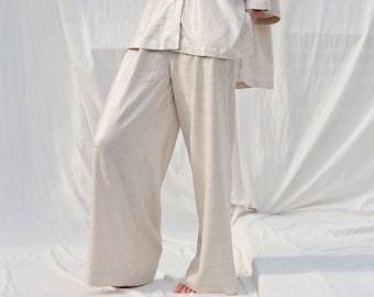Pantaloni palazzo a gamba larga in lino e viscosa metallizzata argento • Abbigliamento OFFON