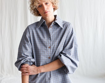 Light blue brushed plaid cotton oversized shirt ELIAN • OFFON CLOTHING