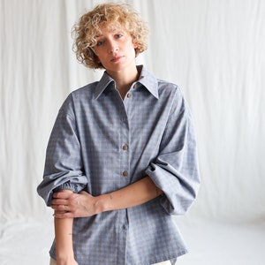Light blue brushed plaid cotton oversized shirt ELIAN OFFON CLOTHING image 1