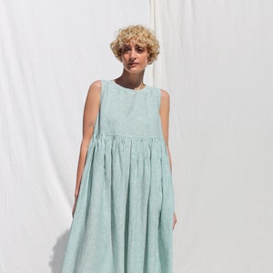 Sleeveless linen smock dress in green stripes • OFFON CLOTHING