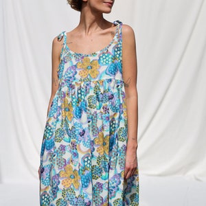 Loose tie strap sundress in floral silky cotton Handmade by OFFON Clothing image 1