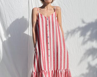 Striped Linen Sleeveless Maxi Dress with Ruffled Hem by OFFON Clothing