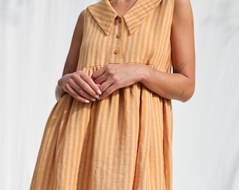 ストライプ柄リネンセーラーカラーノースリーブドレス BETTY / OFFON Clothing