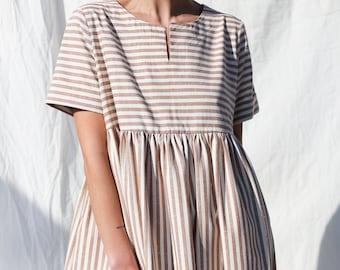 Striped organic cotton short sleeve midi dress / OFFON Clothing