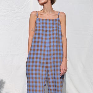 Spaghetti strap jumpsuit in Blue Bonnet seersucker checks ADA • OFFON CLOTHING