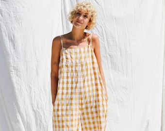 Jumpsuit met spaghettibandjes van seersucker gingham-katoen ADA • OFFON KLEDING