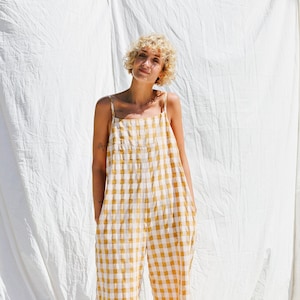 Spaghetti strap jumpsuit in seersucker gingham cotton ADA  • OFFON CLOTHING