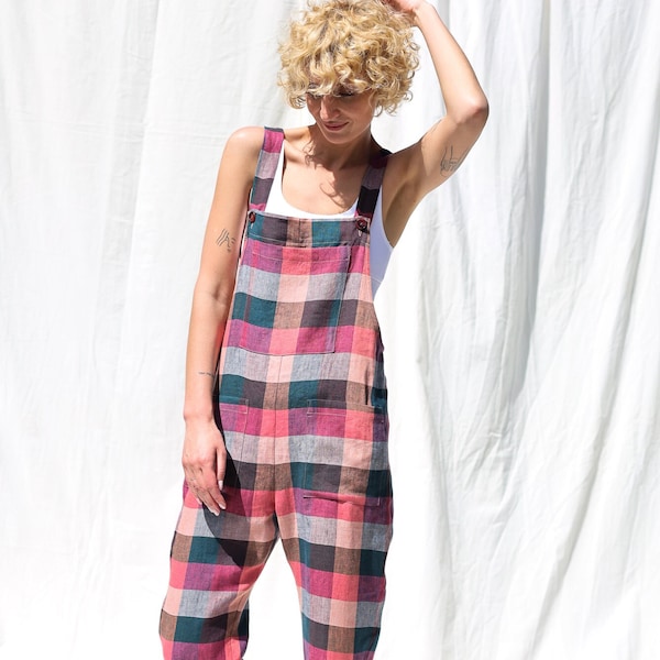 Linen dungaree in multicolored checks  • OFFON CLOTHING