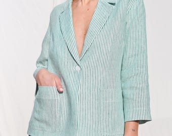 Striped Linen Blazer with 3/4 Sleeves • OFFON Clothing