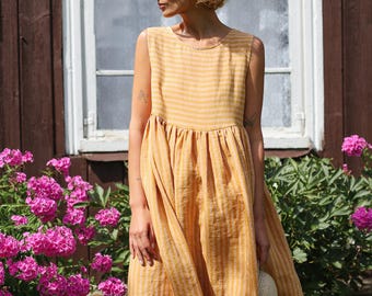 Striped Sleeveless Smock Linen Dress • OFFON CLOTHING