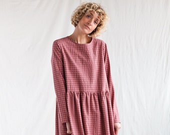 Long sleeve loose fit gingham seersucker dress MILANA / OFFON CLOTHING