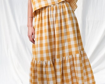 Double gauze mustard checks skirt with elastic waistband • OFFON CLOTHING