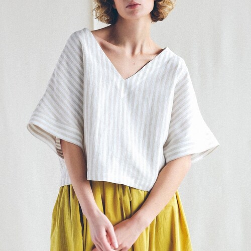 Pistache Linen V Neck Short Sleeve Blouse- White main image 0