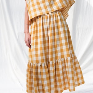 Double gauze mustard checks skirt with elastic waistband OFFON CLOTHING image 1