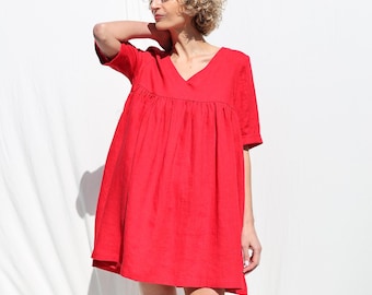 Linen ruffled skirt smock Mini dress CECILE / OFFON Clothing