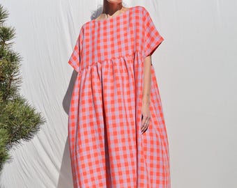 Leinen Oversize Kleid mit Taschen in exklusiven Karos SILVINA • OFFON CLOTHING