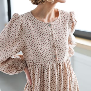 High waisted floral double gauze cotton dress FLEUR • OFFON Clothing