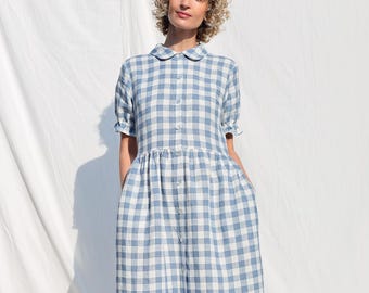 Linen button through dress MAY in light blue checks • Handmade by OFFON