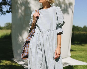 Puffy sleeves seersucker stripes dress NINA - Handmade by OFFON